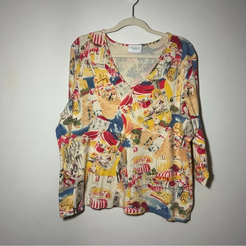 Liz Claiborne Colorful Market Novelty Print Top V Neck Festive